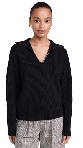 Vince Women's Leather Trim Ribbed Polo Sweater, Black, L at Amazon